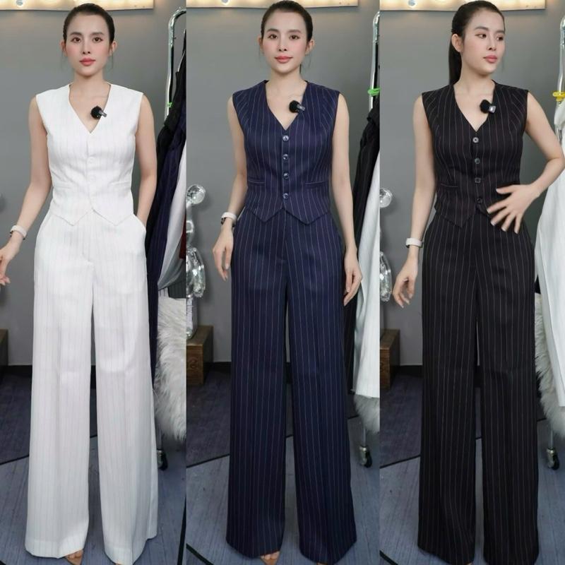 T600- Set sọc gile quần ống suông cạp cao Mộc She