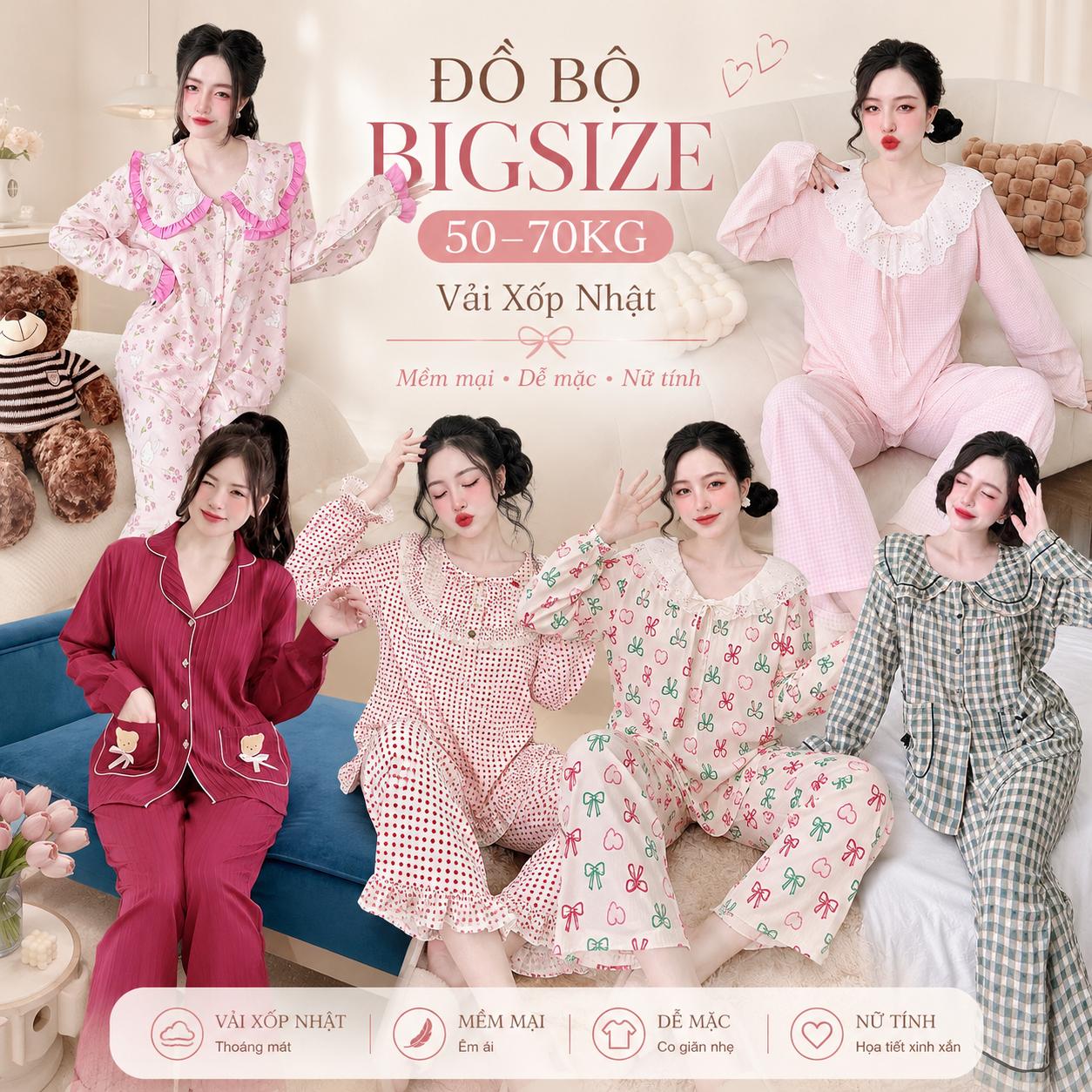 Đồ Bộ Đồ Ngủ Mặc Nhà Nhiều Kiểu Vải Đũi Xốp Xinh Xắn Nữ Bigsize 50-100kg, Pijama Tay Ngắn Quần Dài Form Rộng Sang Xinh - A.TH6LN