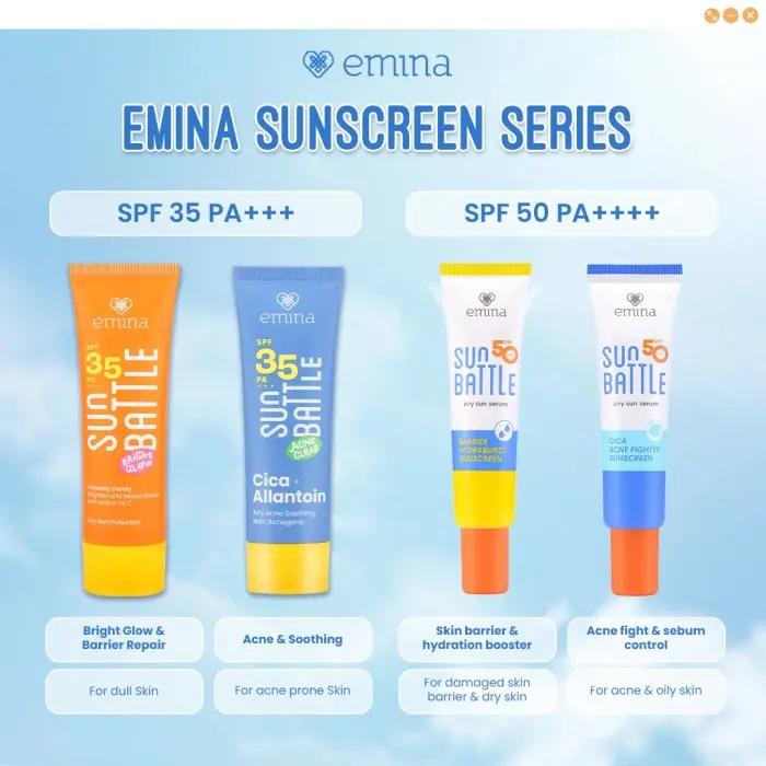 Emina Sun Battle Bright Glow SPF 35 PA+++ | Emina Sun Battle Acne Clear SPF 35 PA+++ - Sunscreen Serum Amino Vitamin C - Cerah, Ringan, Hydrating [Teruji In Vivo] Non Acnegenic & Non Comedogenic. Cocok untuk Kulit Berjerawat & Semua Jenis Kulit 1