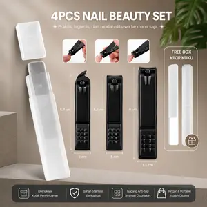 Shinemi - 4pcs / Set Gunting Kuku Stainless Steel Hitam Doff Sudut Miring Lancip + Buffer Kikir Kuku Travel Set