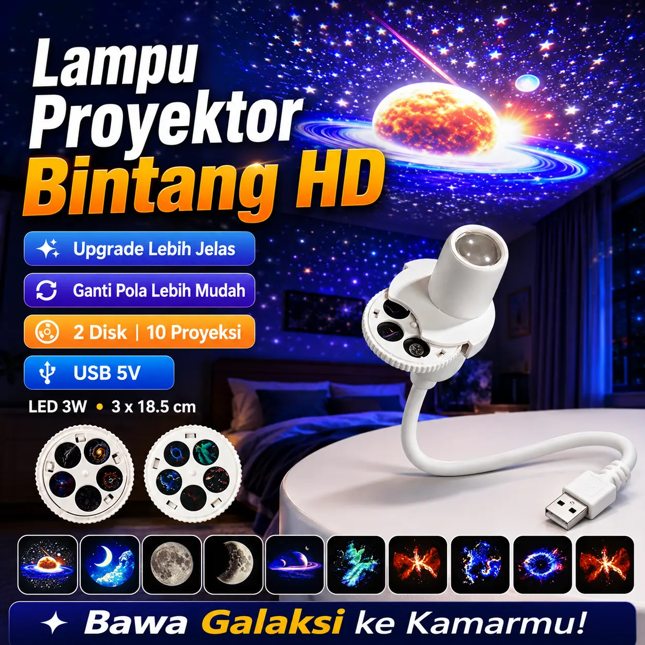 10disk Lampu Proyektor Bintang HD USB  LED  2 Disk 10 Efek Proyeksi Lampu Tidur Kamar Mobil Dekorasi Romantis Mudah Ganti Pola Lampu Dekorasi Kamar Anak Romantis