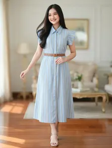 Dress Delly Wanita Slim Fit Lengan Pendek Motif Salur Vertikal Mint Stripe Dengan Belt Bahan Halus Adem Cocok untuk Casual & Semi Formal