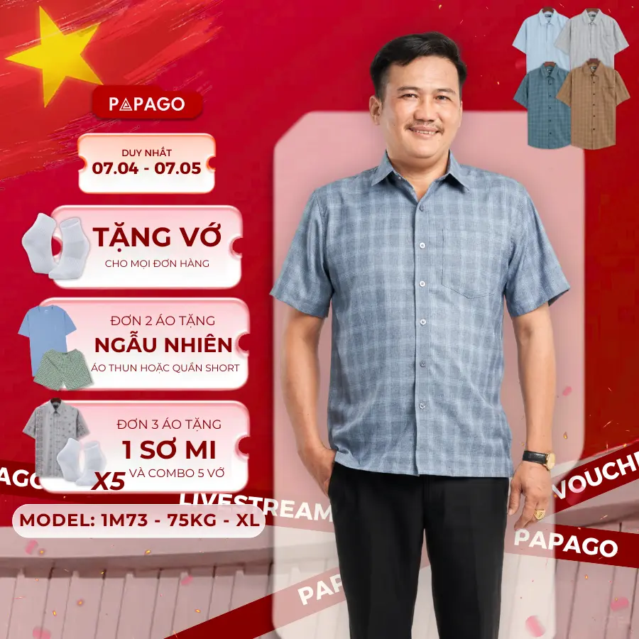 Áo sơ mi nam trung niên PAPAGO tay ngắn lai ngang sọc caro vải xô đũi - P23SNCR002
