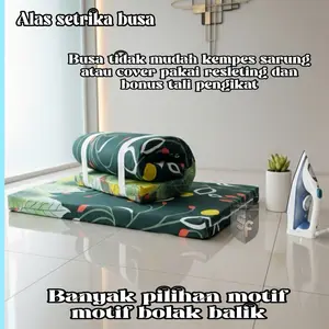 Alas setrika 100x50x3 cm siap pakai busa + sarung motif bolak balik bonus tali pengikat
