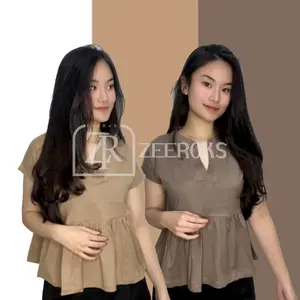 Kaos Rampel wangki Vneck Loose Peplum Top Premium Cotton - Atasan Wanita