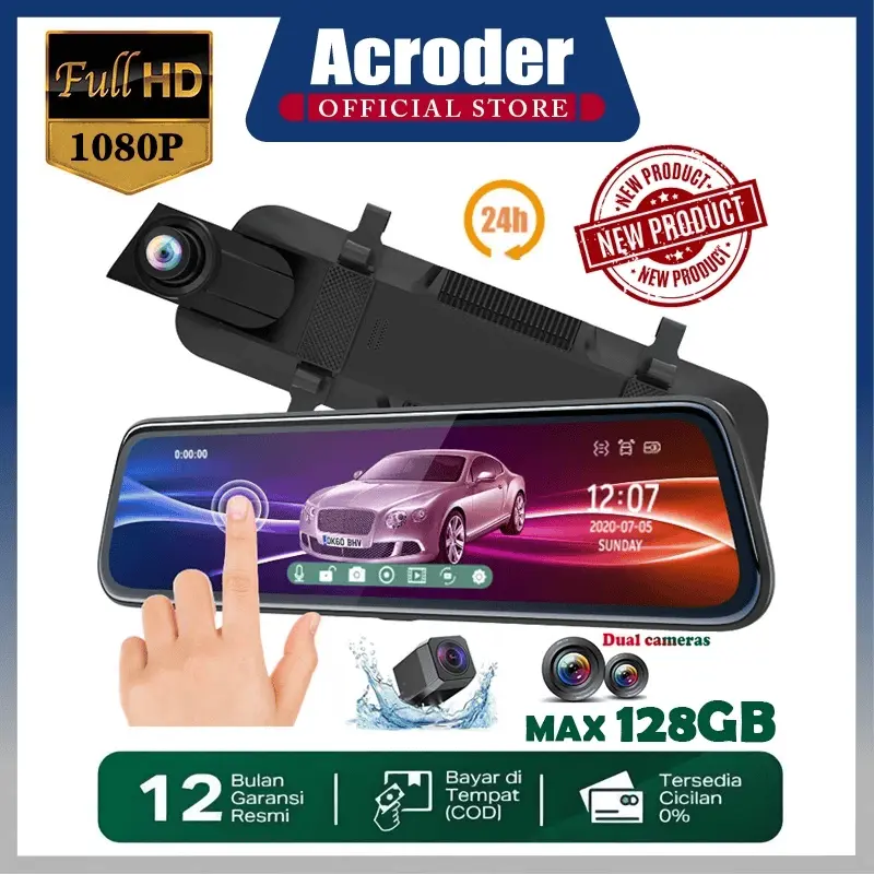 HANYA DASHCAM - Acroder Dashcam Mobil 10 Inch IPS Touchscreen 2K WiFi Dual Lens Night Vision Loop Recording G-Sensor 24 Jam