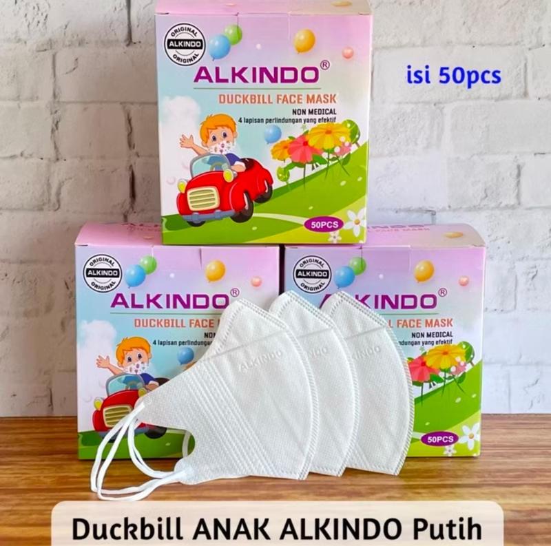 Masker Duckbill Anak Alkindo isi 50 Warna putih Berlogo Merek Alkindo Berkualitas 3ply Nyaman Pakai 1