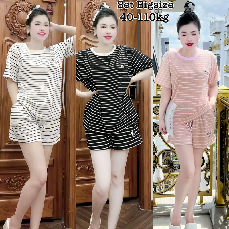  Thời Trang Bigsize 40-110kg - Set Bộ Đùi Bigsize in Hình Thun Sọc cổ tròn Hot Hit Nữ Cao Cấp Xinh Đẹp Sang Trọng Mặc Hè Dễ Thương Giá Rẻ 40-95kg Én Nhỏ Có Bigsize Nhung Đen Voi Kem Tím - 2458 