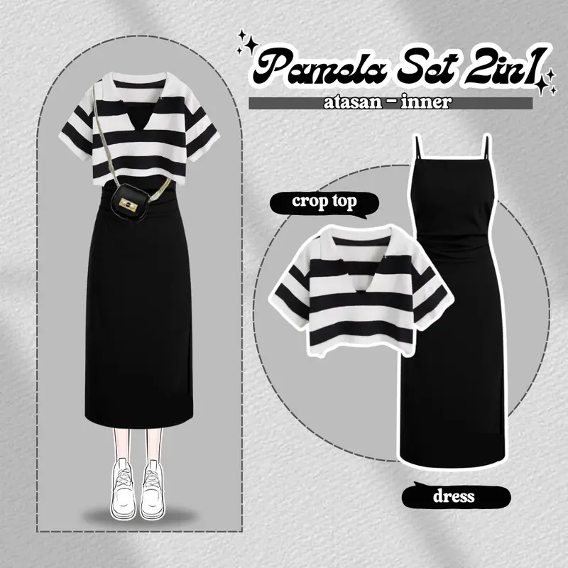 One Set Cute Korean Outfit (Baju Rajut Crop Top Lengan Pendek, Inner Dress Panjang Hitam) LQ081 Setelan Wanita Oversize Atasan Putih Stripe one  set 1