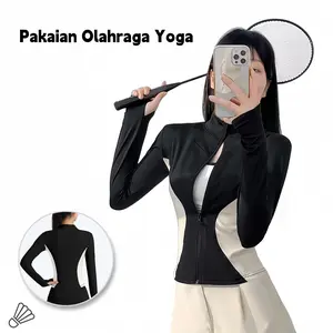 Pakaian Fitness Muslimah Pelindung UV Jaket Leher Tinggi Bernapas untuk Yoga Pakaian Fitness Lengan Panjang Hitam Starry & Apricot Elastisitas Empat Arah Tahan Aus