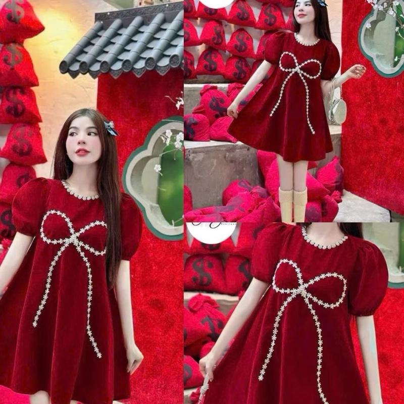 Bigsize 60-140kg đầm Nhung from babydoll xoè cổ tròn đính đá phối hoa nơ kiểu noel-tết