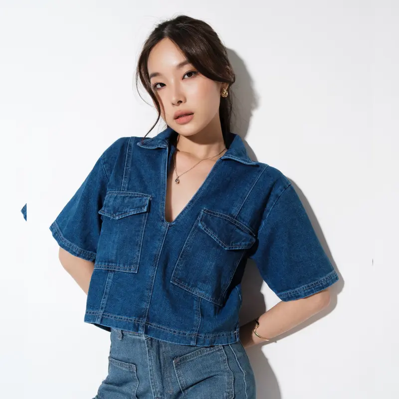LADOUCE - Bonnie Crop Denim Top Atasan Crop Jeans Wanita 0