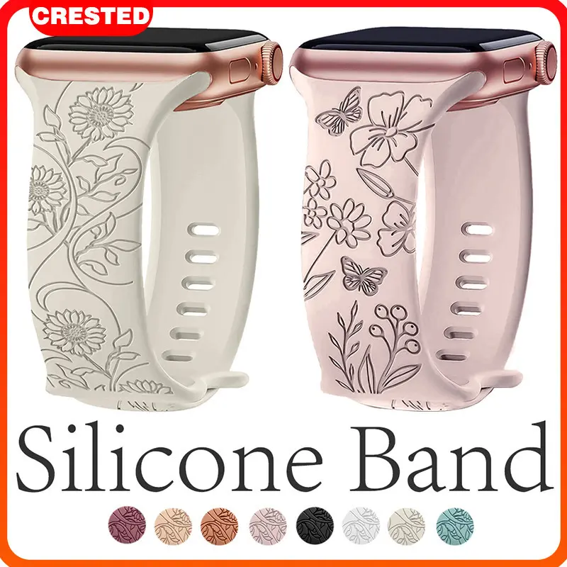 Strap for IWatch 49mm 45mm 44mm 42mm 41mm 40mm 38 mm Soft Sport Engraved Band Women Silicone Print Flower Printed Tali Jam Tangan Apple Watch Series 1 2 3 4 5 6 7 8 9 SE Ultra T500+pro Smartwatch S20 IWO HW IWO CW Rubber Accessories 0