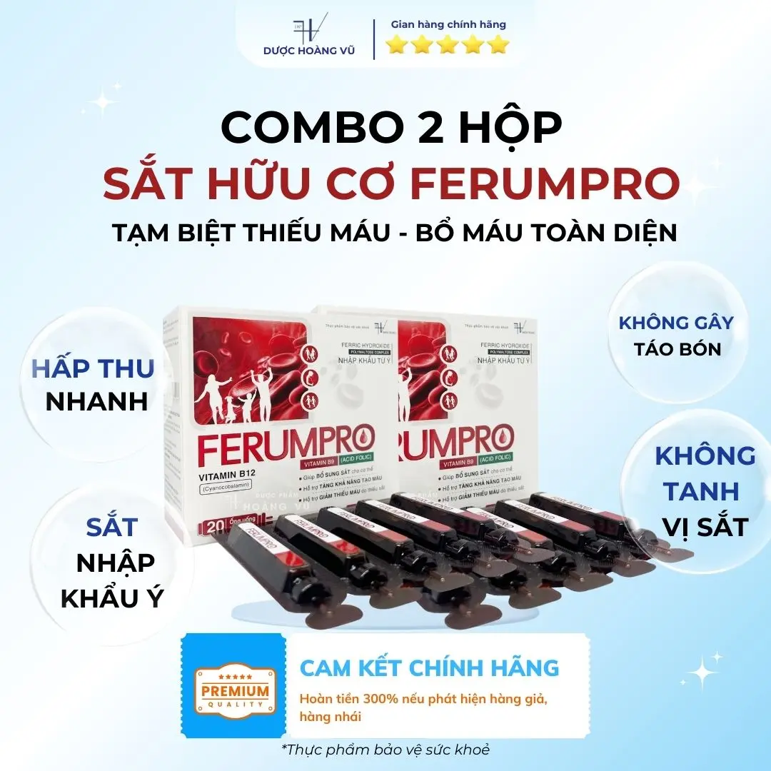 [DHV] COMBO 2 HỘP | Bù lại máu sau sinh FERUMPRO | Sắt hữu cơ không tanh, hấp thu nhanh, hỗ trợ tăng khả năng tạo máu - Kết hợp Vitamin C, B9, B12 | Hộp 20 ống