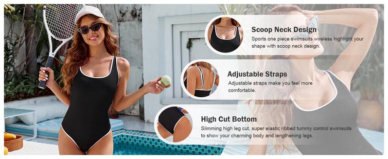 Product Introduction of Women's One Piece Swimsuit Sports Adjustable Strap Bathing Suit Color Block Ribbed High Cut Swimsuits 1