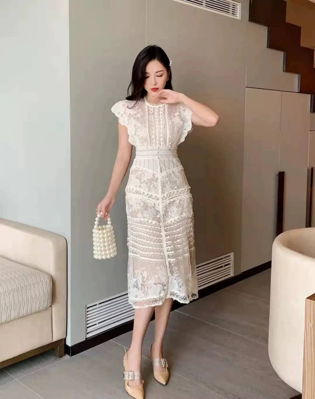 Helena Lace Dress Lilac/White Brokat Wanita Pesta Midi Minimalist Elegant Feminim Casual Modist Korean Style Floral