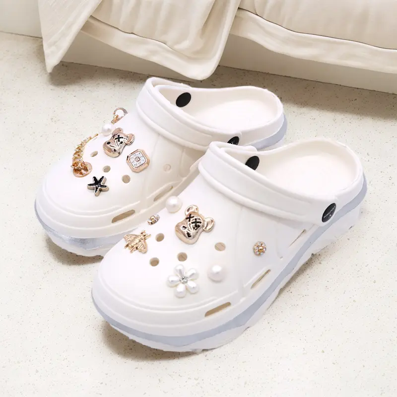 ￼BOZЄЄ Sandal 907-Wanita Korea Sandal Jelly Wanita Fuji Sandal Sepatu Tinggi 5.5cm CROSS Gold Rantai Slip On Media EVA Sandal Sendal 6