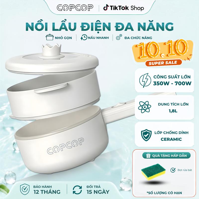 Nồi lẩu điện đa năng COPCOP dung tích 1.8L tặng kèm khay hấp với 2 mức nhiệt tiện lợi cho sinh viên, nhân viên văn phòng