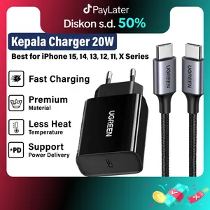 Kepala Charger for iPhone 16 15 14 13 12 11 Pro Max Plus UGREEN 20W Adaptor Type C Fast Charging
