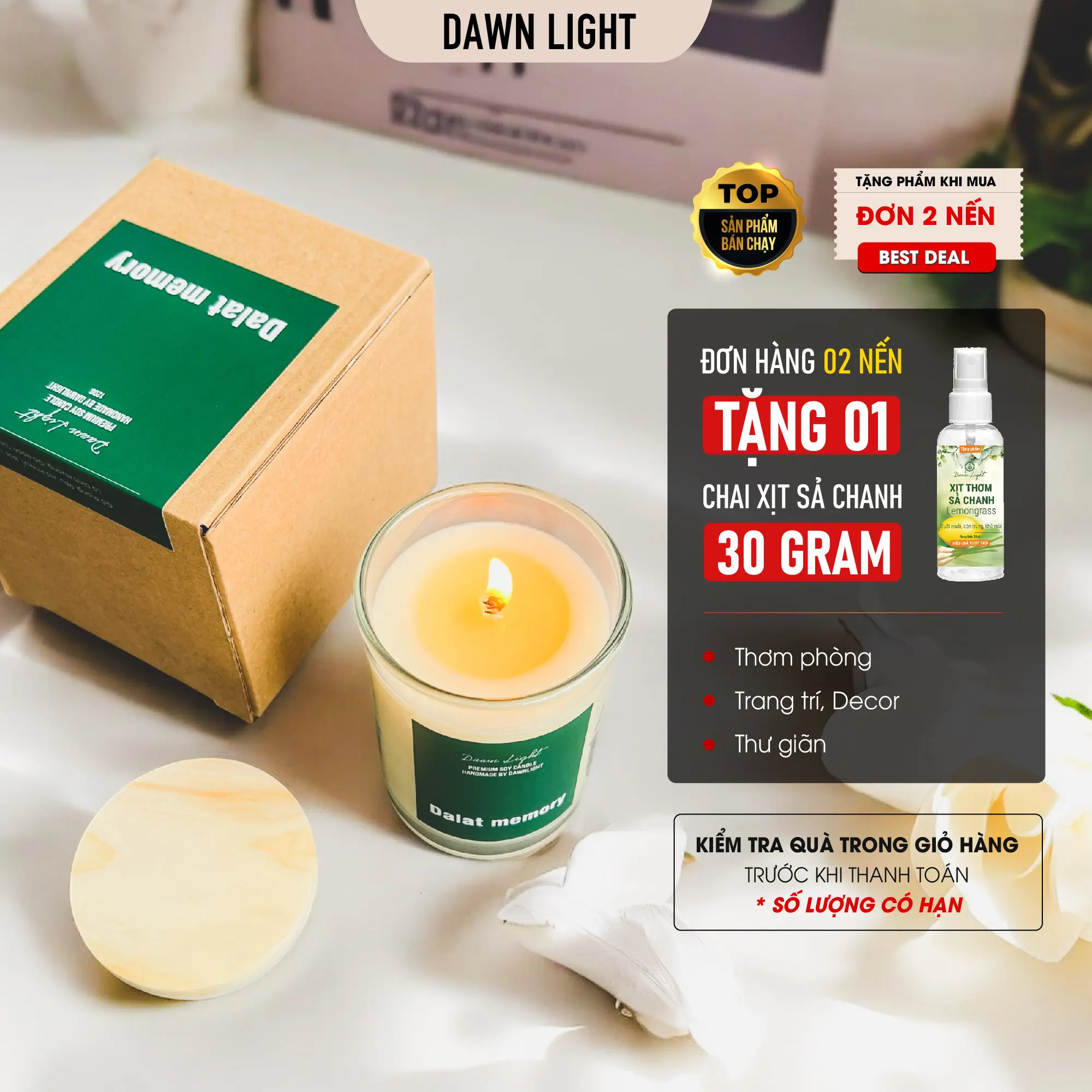 [Mua 2 Tặng 1 Xịt thơm] Nến thơm phòng cao cấp handmade không khói nhiều mùi hương chọn lựa cho phòng vừa và nhỏ Dawn Light Decor Phòng nenthom n ế
