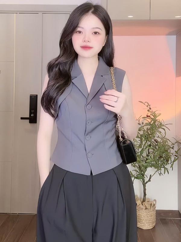 Set Áo Xám Cổ Vest Quần Suông Thụng Ống Rộng Thiết Kế Sát Nách Top Nữ Women TTN747