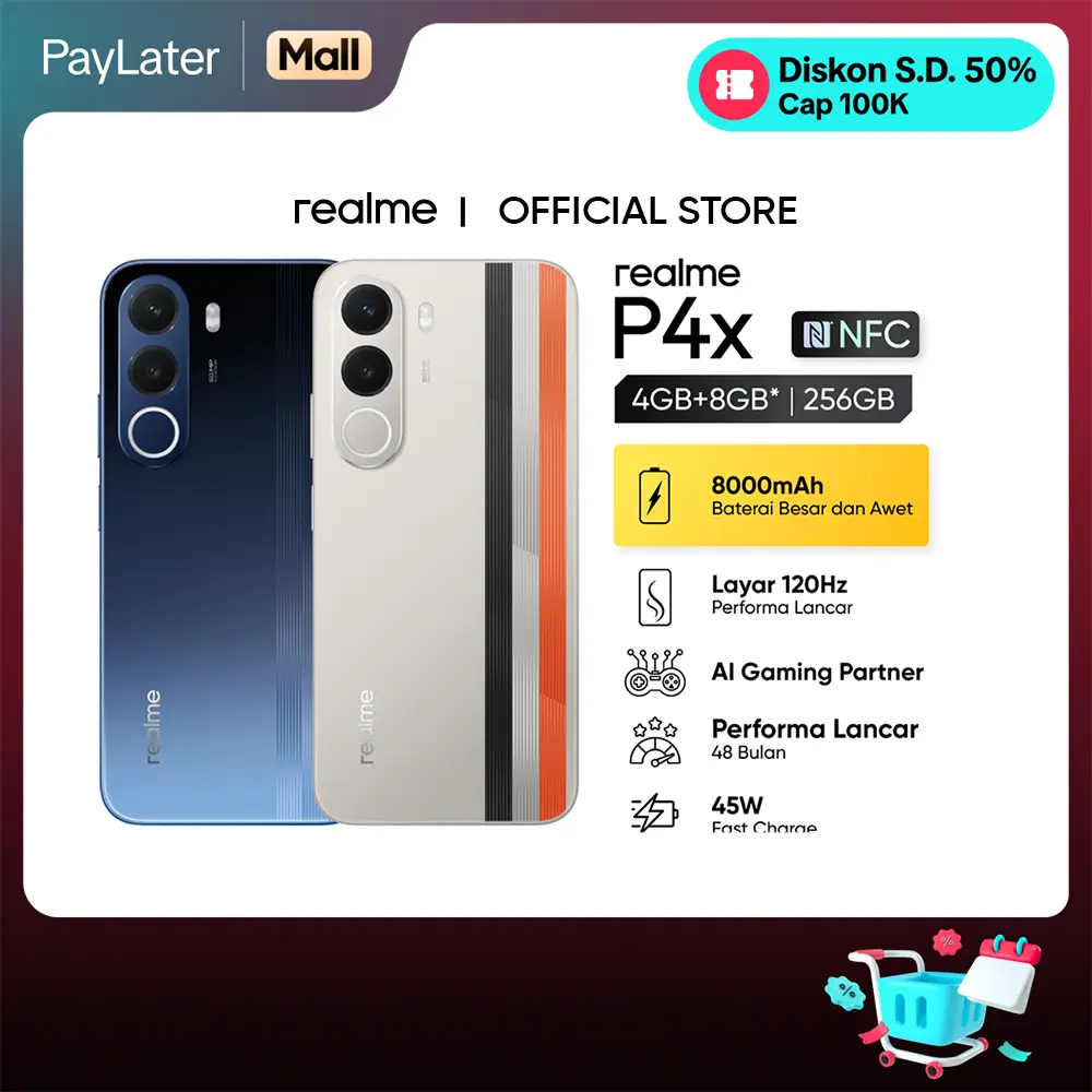realme P4x 4GB+8GB*|256GB (8000mAh Baterai Besar dan Awet | Layar 120Hz Performa Lancar | AI Gaming Partner | Performa Lancar 48 Bulan)