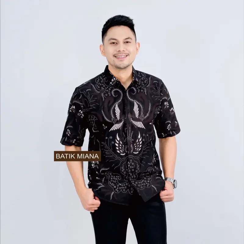Kemeja Batik Pria Lengan Pendek SAWONGGALING Bahan Katun Halus Lapis Furing Batik Hitam Coklat Keren Seragam Kancing dalam Slim Fit