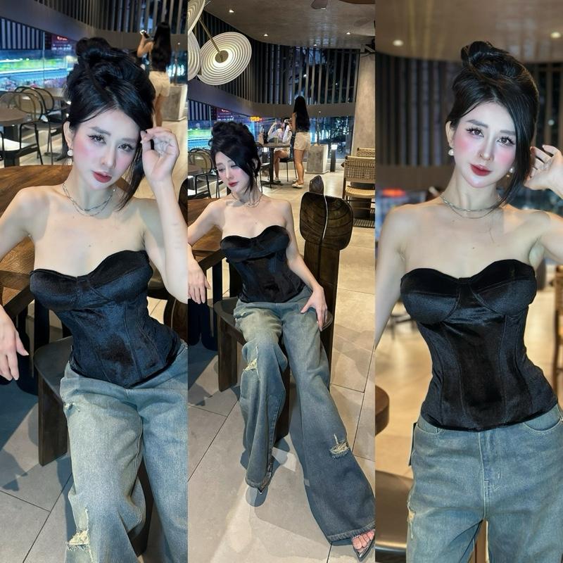  Hoa Enlly - Áo Cúp Nhung Corset Sang Chảnh Siết Eo Tôn Dáng Chất Vải Nhung Cao Cấp Co Dãn Ôm Form Siêu Đẹp Có Mút Đệm Dày Gọng Siết Dáng Phù Hợp Đi Chơi Tiệc Sự Kiện Mix Quần Loe Xuông Chân Váy Sang 