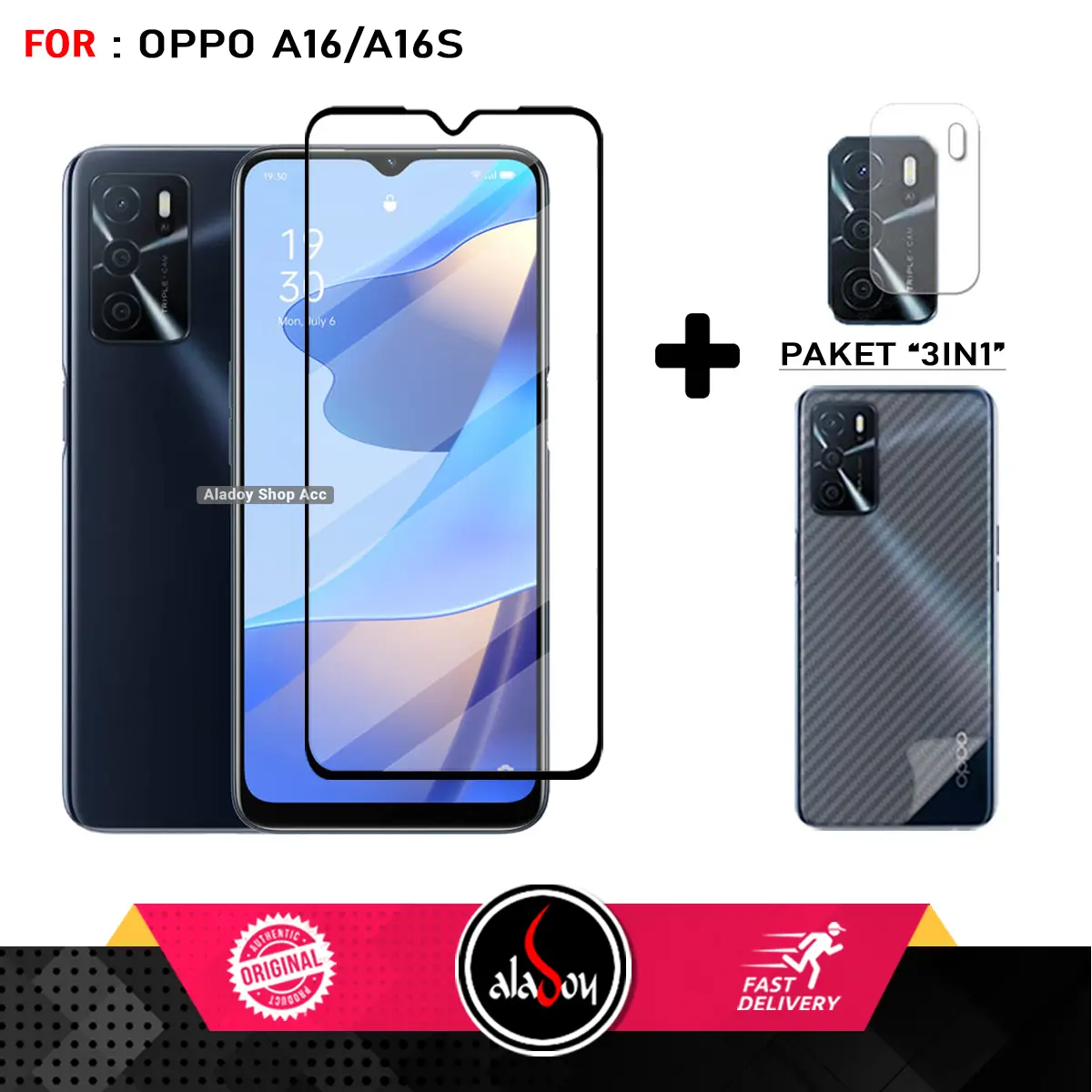 Paket 3in1 Tempered Glass For Oppo A16 Anti Static Free Tempered Glass Camera dan Skin Carbon