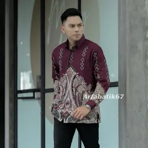 GUNUNGAN BURGUNDY Kemeja batik katun pria  tangan  panjang dan  tangan pendek lapis furing hero by arfabatik67 Atasan Baju