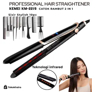 Kemei Catok Rambut KM-2219 Infrared 2IN1 Meluruskan Dan Curly Dengan Teknologi Keramik Ionic - Curly, Black Catokan Straightener Profesional