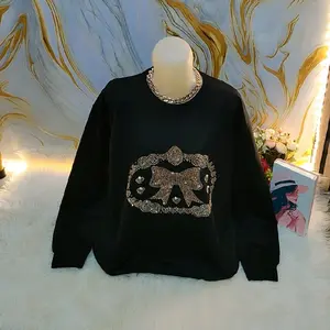 ATASAN SWEATER Terbaru Motif Unik Baju Wanita dengan Detail Rhinestone dan Bow Elegan Panjang Polos Cewek Crop Hitam Katun Dewasa Kaos Top Nyaman Topi Sweatshirt