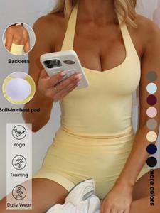Conjunto de Top tipo halter sin espalda y shorts ajustados sin costuras para mujer, ideal para yoga, correr y pilates, cómodo para uso diario