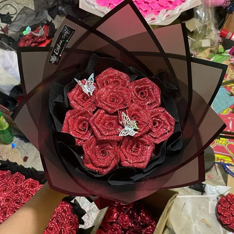 (10 bunga) BUKET BUNGA PITA SATIN GLITER TERMURAH Mahkota dan Tulisan Kado Glitter Elegan dengan Glitter Gratis untuk Wisuda Ultah Anniv Wedding