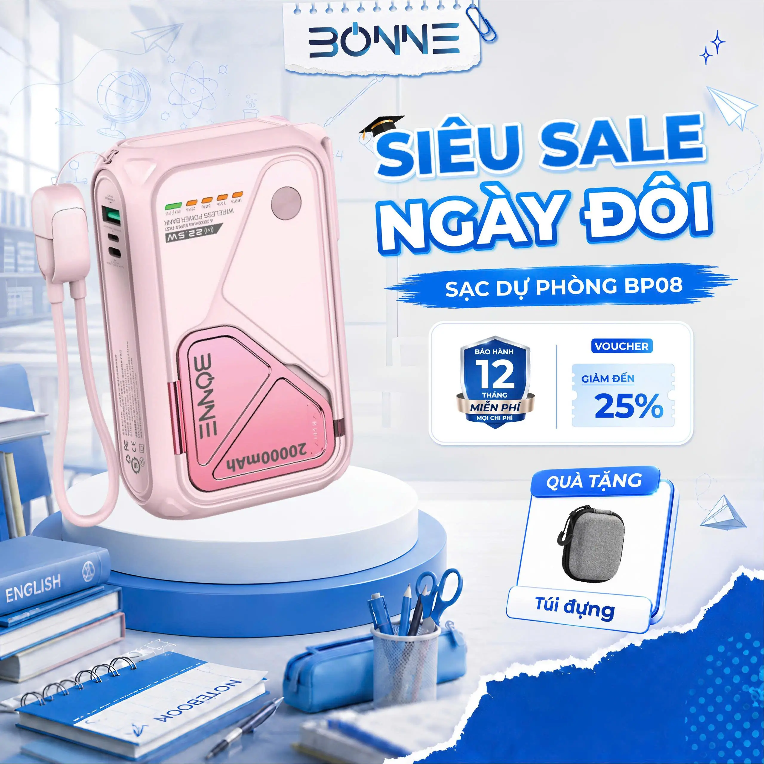 HÀNG CÓ SẴN - ( Tặng Túi Đựng Công Nghệ Cao Cấp ) Sạc Dự Phòng Bonne TECHNOLOGIQUE BP08 10.000mAh/20.000mAh Không Dây Kiêm Củ Sạc Nhanh Bảo Hành 12 Tháng