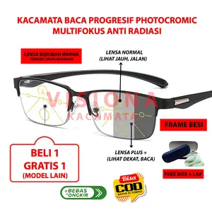 VISIONA Kacamata Progresif Double Fokus Baca & Jalan Photochromic Lensa Plus Rabun Dekat Usia 40 Keatas Pria Wanita Frame Besi Anti Radiasi Fotokromik KJ808 Beli 1 Gratis 1 Model Lain