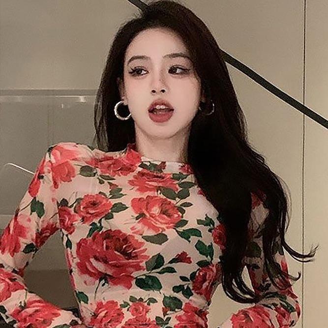 Áo Thun Dài Tay Cổ Tròn Cho Nữ, Áo Crop Top Mỏng, Retro, Hoa, Mùa Xuân 7
