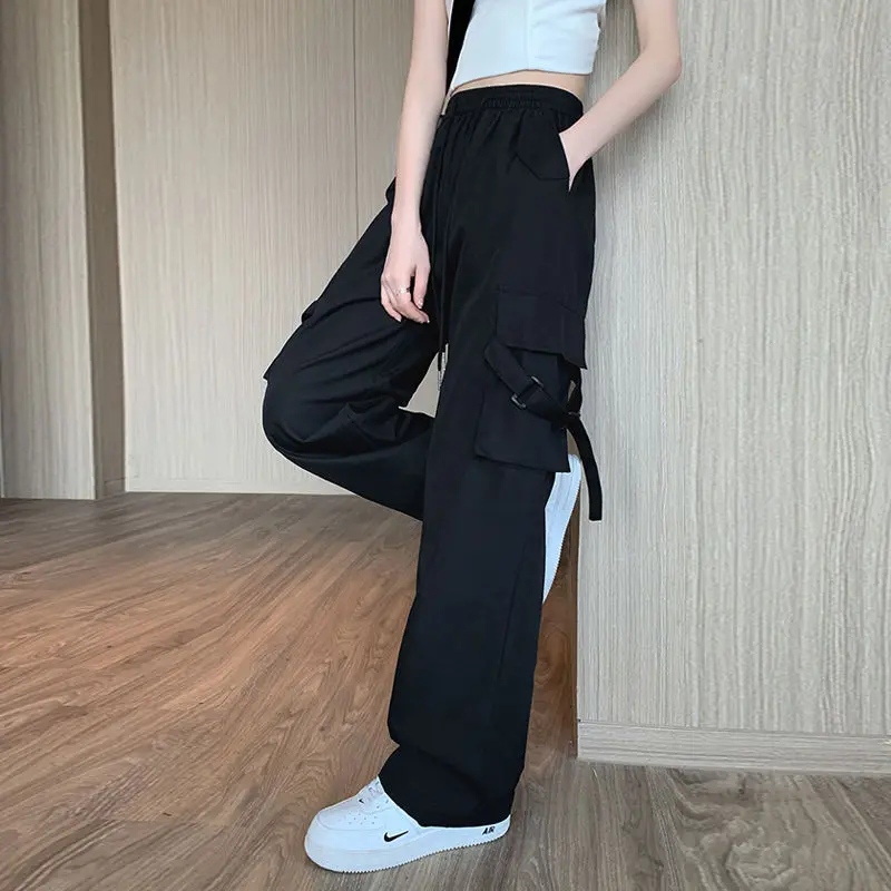cargo pants for women Autumn and Winter American Vintage Fleece-Lined Overalls Women's Ins High Waist Loose and Slimming Straight Wide Leg Casual Sports Trousers