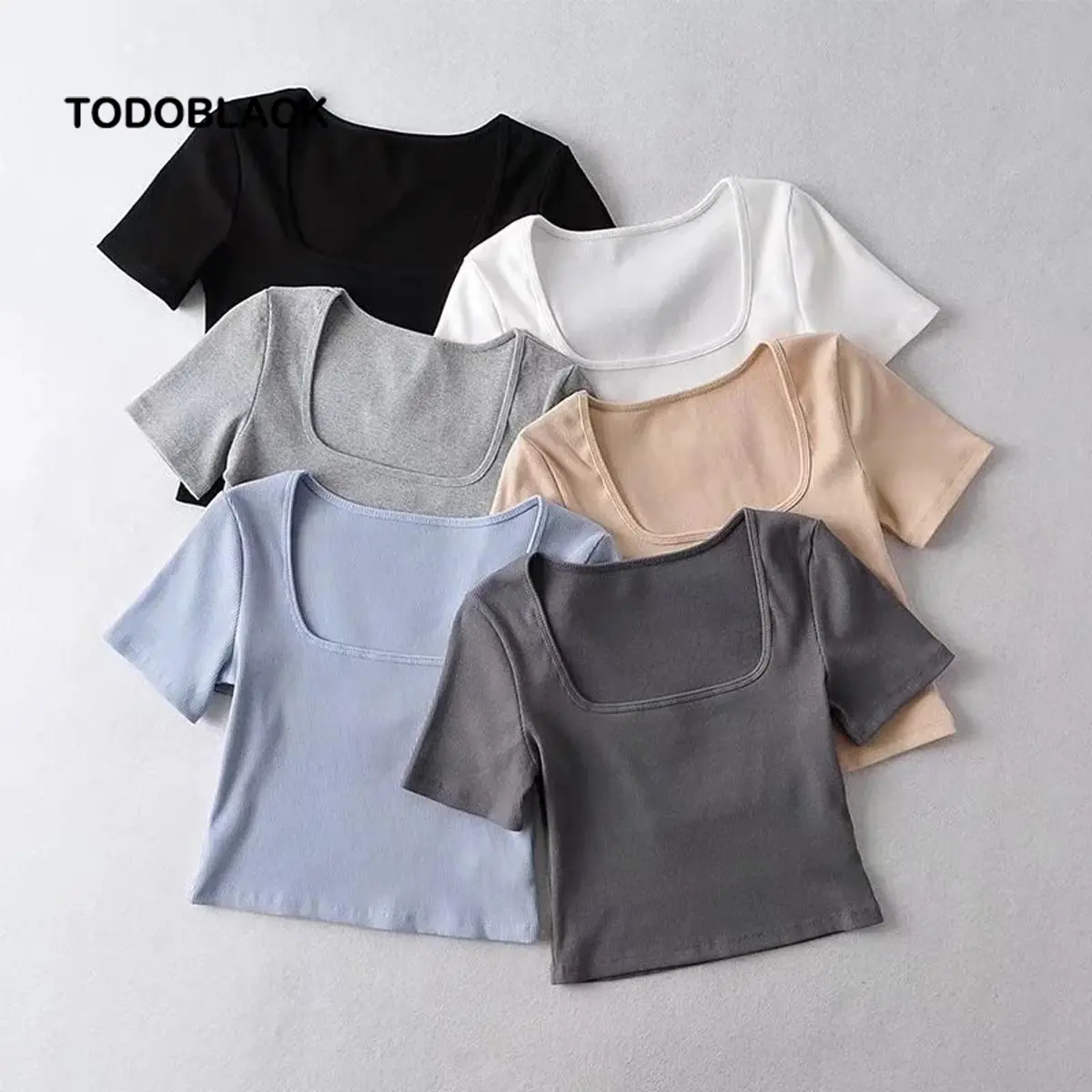 TODOBLACK Square neck ribbed crop top T-shirt for women basic solid color short sleeve crop top