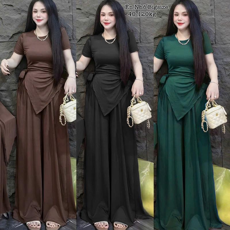 Thời Trang Bigsize - Set Bộ Dài Thun Tăm Bigsize Xinh Nhún eo Buộc Nơ Che Giấu Bụng Hot Hit Áo cổ tròn mix Quần ống suông Nữ Cho Nàng Chuppy Sang Chảnh Cao Cấp Xinh Đẹp Sang Trọng Dễ Thương Giá Rẻ 40-120kg 2482a