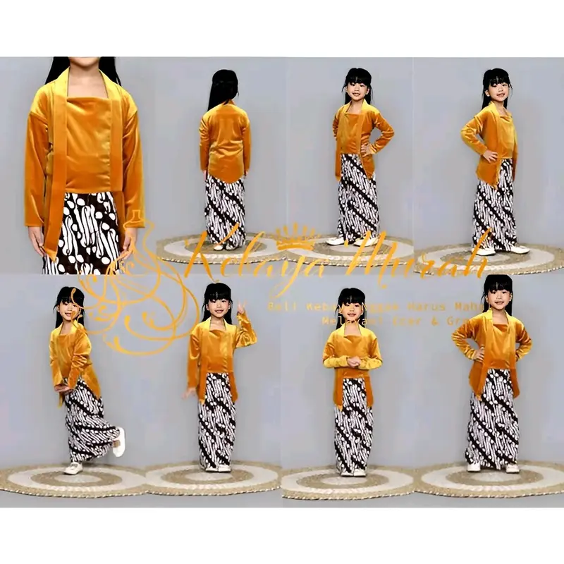 Setelan Kebaya Bludru Anak Kutubaru || Set Kebaya Bludru Anak Perempuan || Seragam Adat Anak Perempuan 9-10 Tahun Yellow || Rok Motif 4