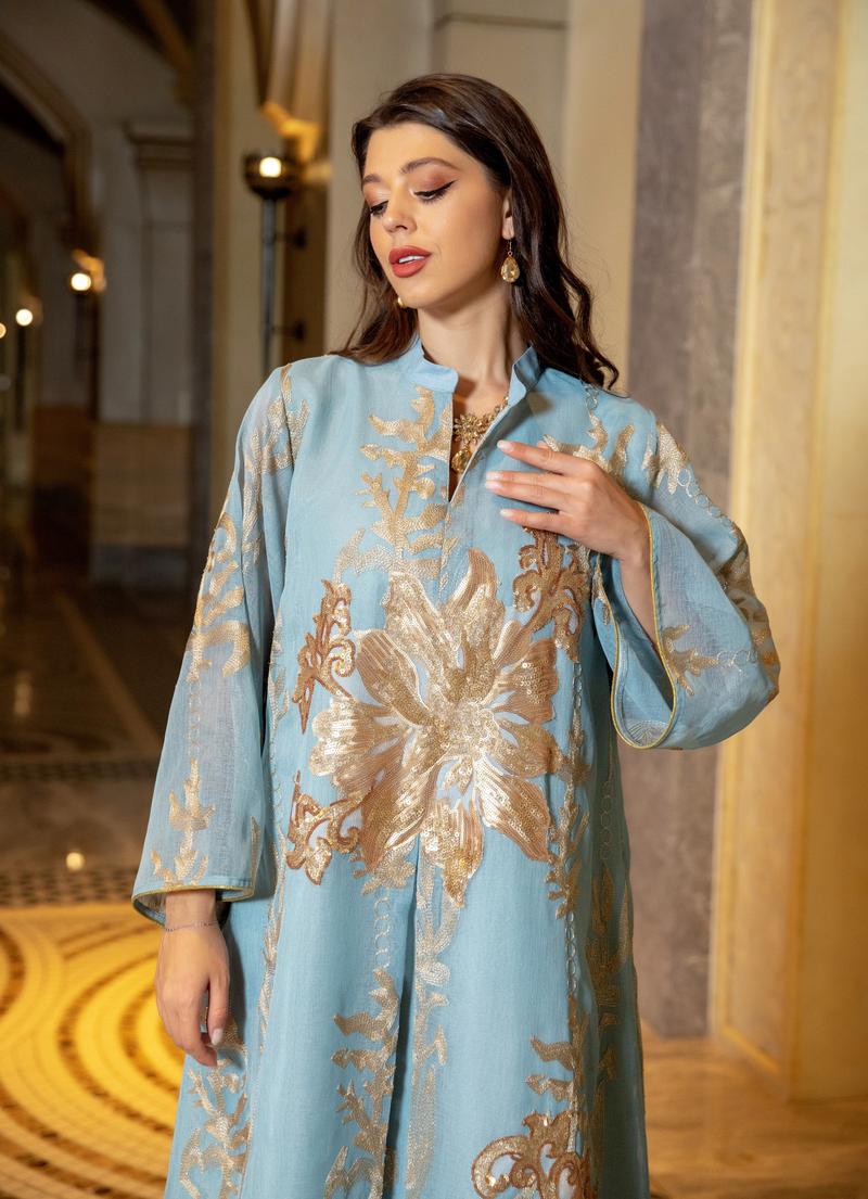 Product Introduction of Baju raya Middle East Cross border Golden Pearl Embroidered Yarn Muslim Female Jalabiya Dubai Arab Abaya 13