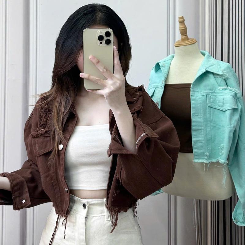  TIENSTYLE - Áo Khoác Jean Nữ Rách Cá Tính Form Lửng Cánh Dơi Top Jacket Women - Chất Jean không giãn Dày dặn bền màu Áo Khoác Đẹp Girl Phố 