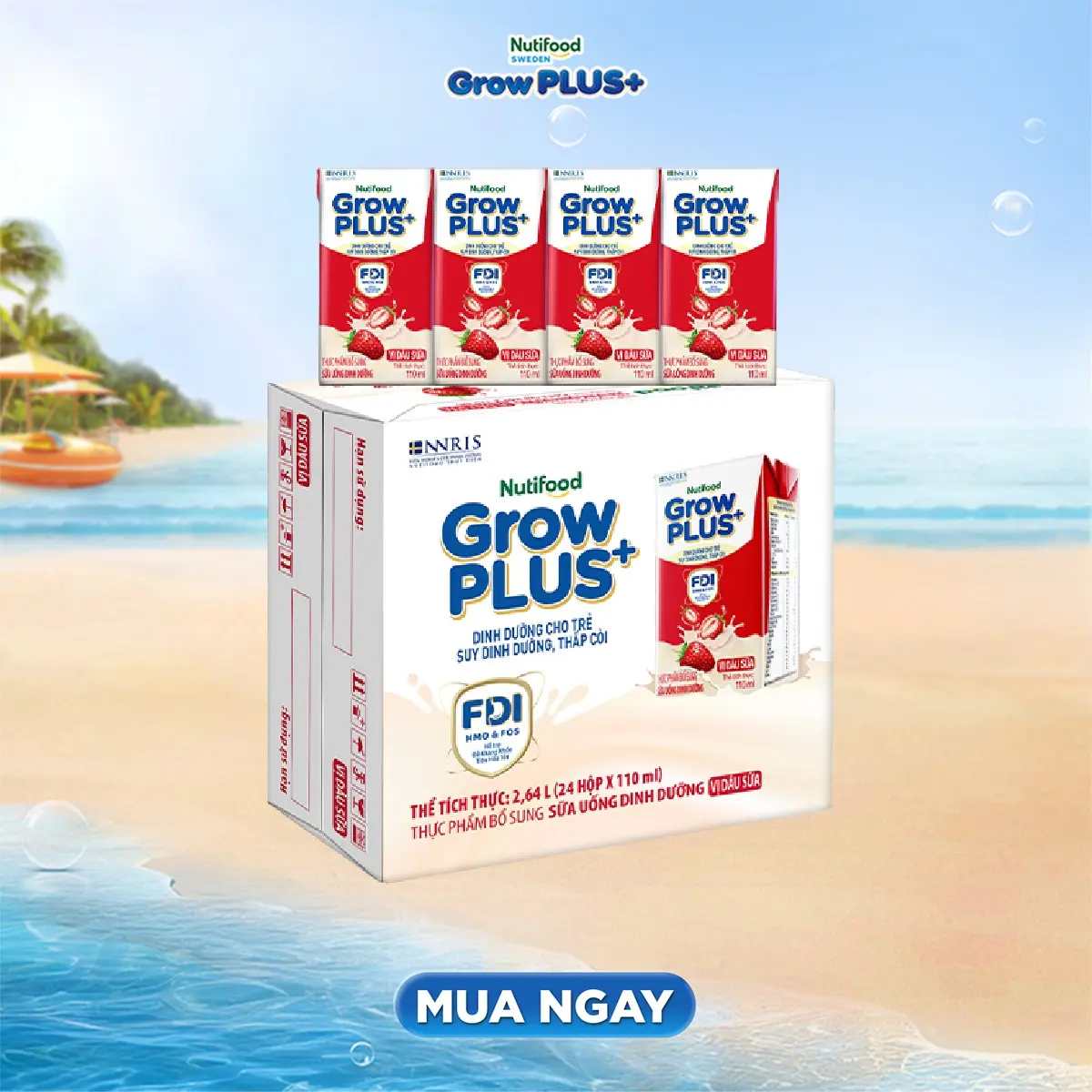 [VỊ DÂU SỮA/CHUỐI SỮA] Thùng 24 hộp Sữa bột pha sẵn Nutifood GrowPLUS+ Vị Dâu Sữa/ Chuối sữa hộp 110ml (24 hộp x 110ml)