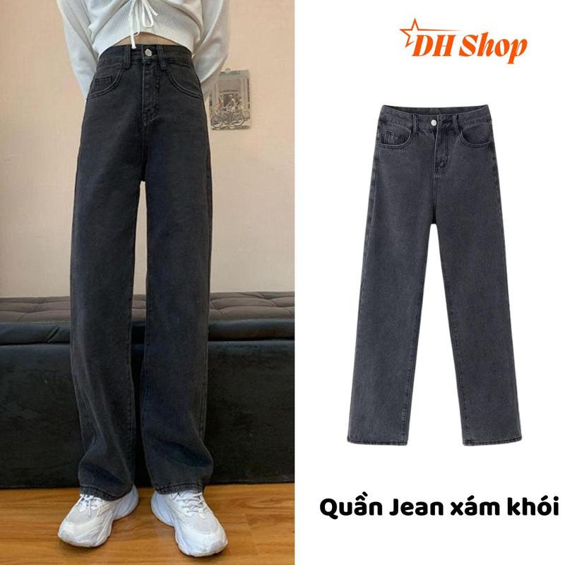 Quần jean nữ ống suông rộng xám khói phong cách Ulzzang School, quần jean kiểu dáng suông rộng chất vải mịn, cao cấp Pants Lưng Cao Women Denim