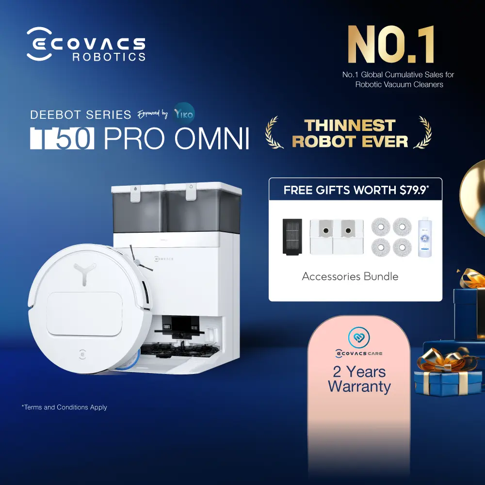 [2025 NEW] ECOVACS DEEBOT T50 Pro OMNI AI Robot Vacuum | 15000 PA | AIVI 3D 3.0 | TruEdge 2.0 | ZeroTangle 2.0 | All-in-one OMNI Station | 9mm Auto Mop-Lifting | YIKO GPT | APP Control [2 Years Warranty]