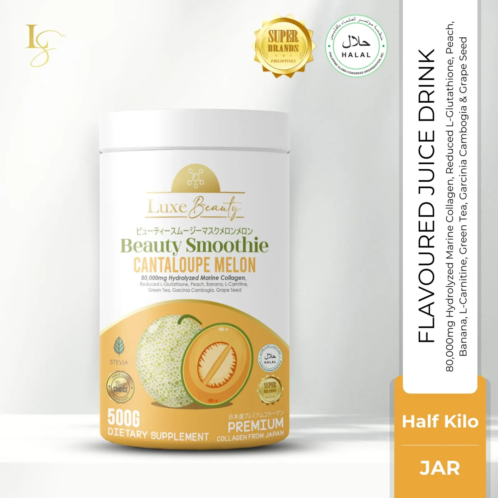 LUXE BEAUTY Cantaloupe Melon 8,000mg/sachet Hydrolyzed Marine COLLAGEN  Beauty SMOOTHIE for Glowing Skin, Hair & Nail Care