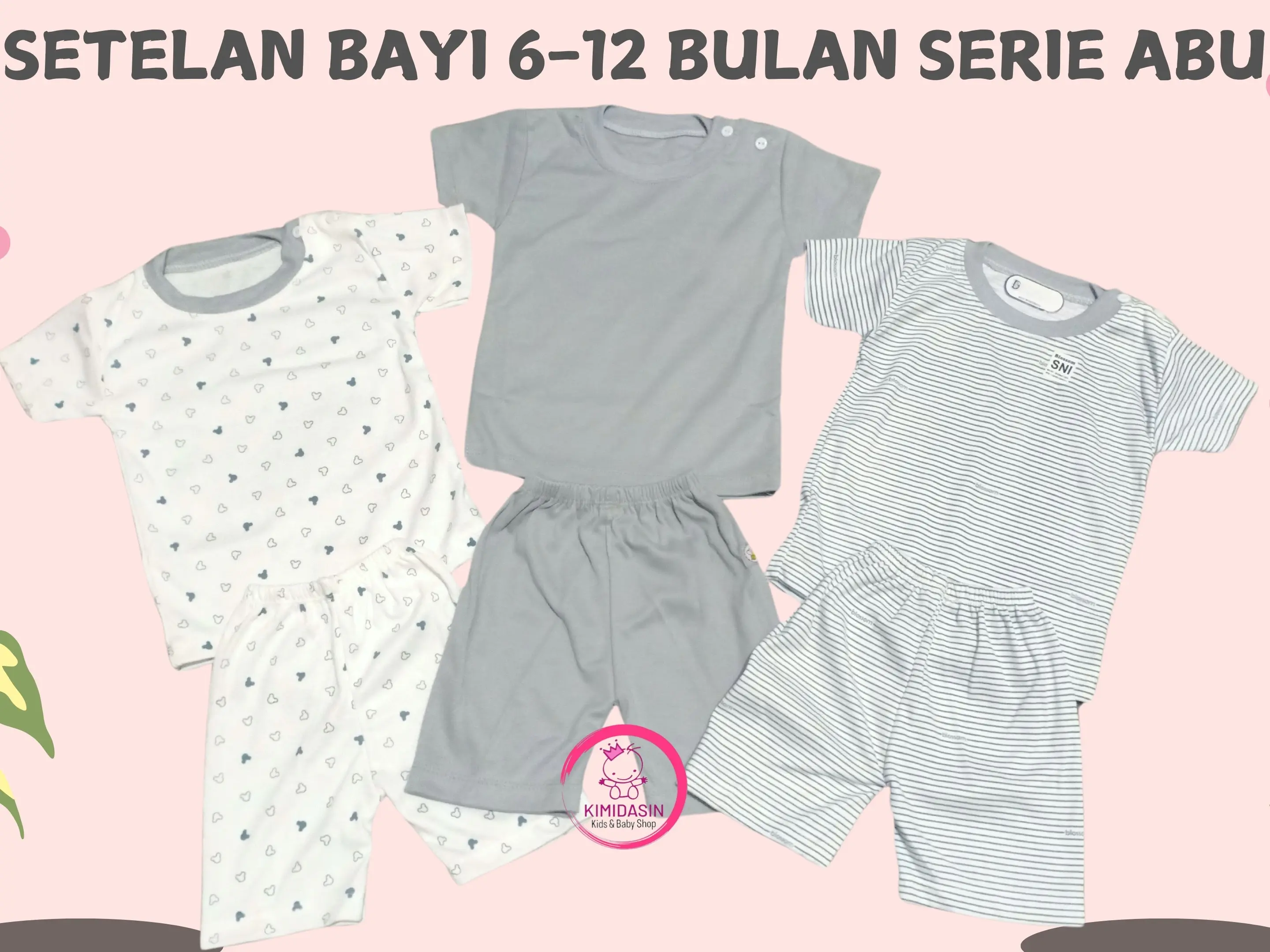 Setelan Pendek Bayi Seri Abu 3 Motif Bahan TC - 6-12 Bulan - Parsel, Katun