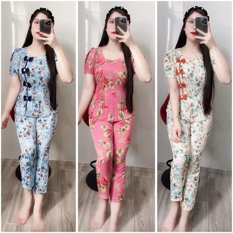 Đồ Bộ Cho Nữ Mặc Nhà Dễ Thương, Áo Tay Ngắn Dập ly Quần Lửng, Vải Lụa Mango Hoạ Tiết Hoa Nhí Women (Kem Vàng) dobo