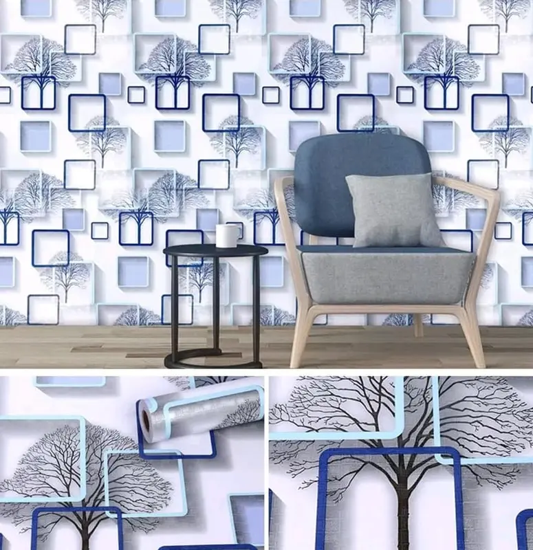 Wallpaper Sticker Dinding Ruang Tamu & Kamar Panjang 9 Meter Motif Kotak Biru 3D PVC Kertas 4